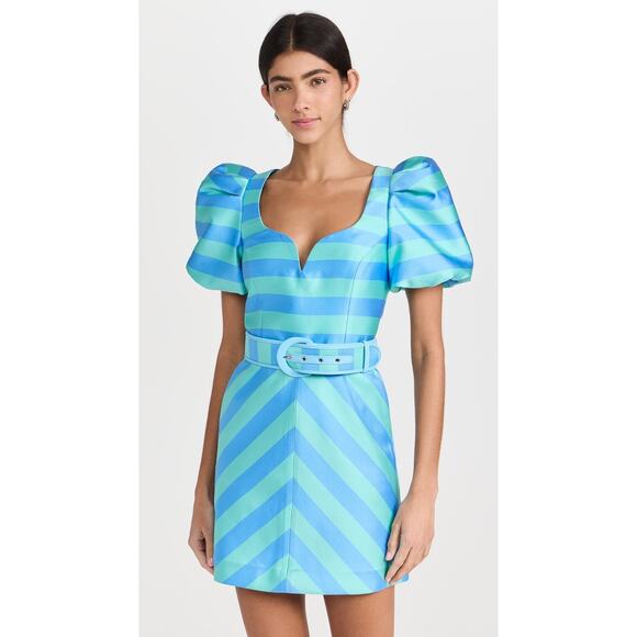 Rebecca Vallance Seychelles Blue Stripe Puff Sleeve Belted Mini Dress Size 8 - Picture 1 of 16
